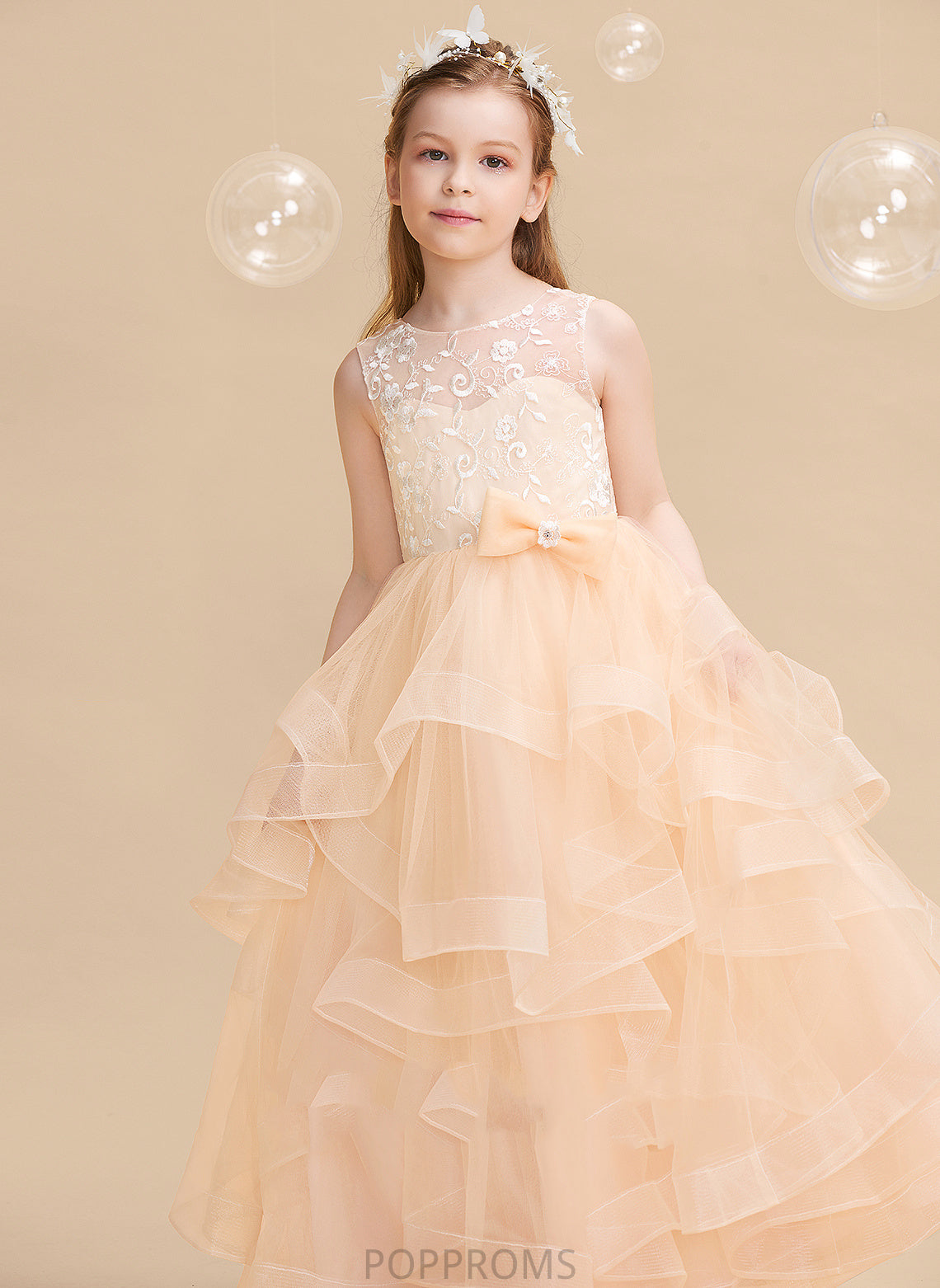 Girl Neck Flower Scalloped Floor-length Back Dress Flower Girl Dresses Lace/Flower(s)/Bow(s)/V Sleeveless Ball-Gown/Princess Tulle - With Marisol