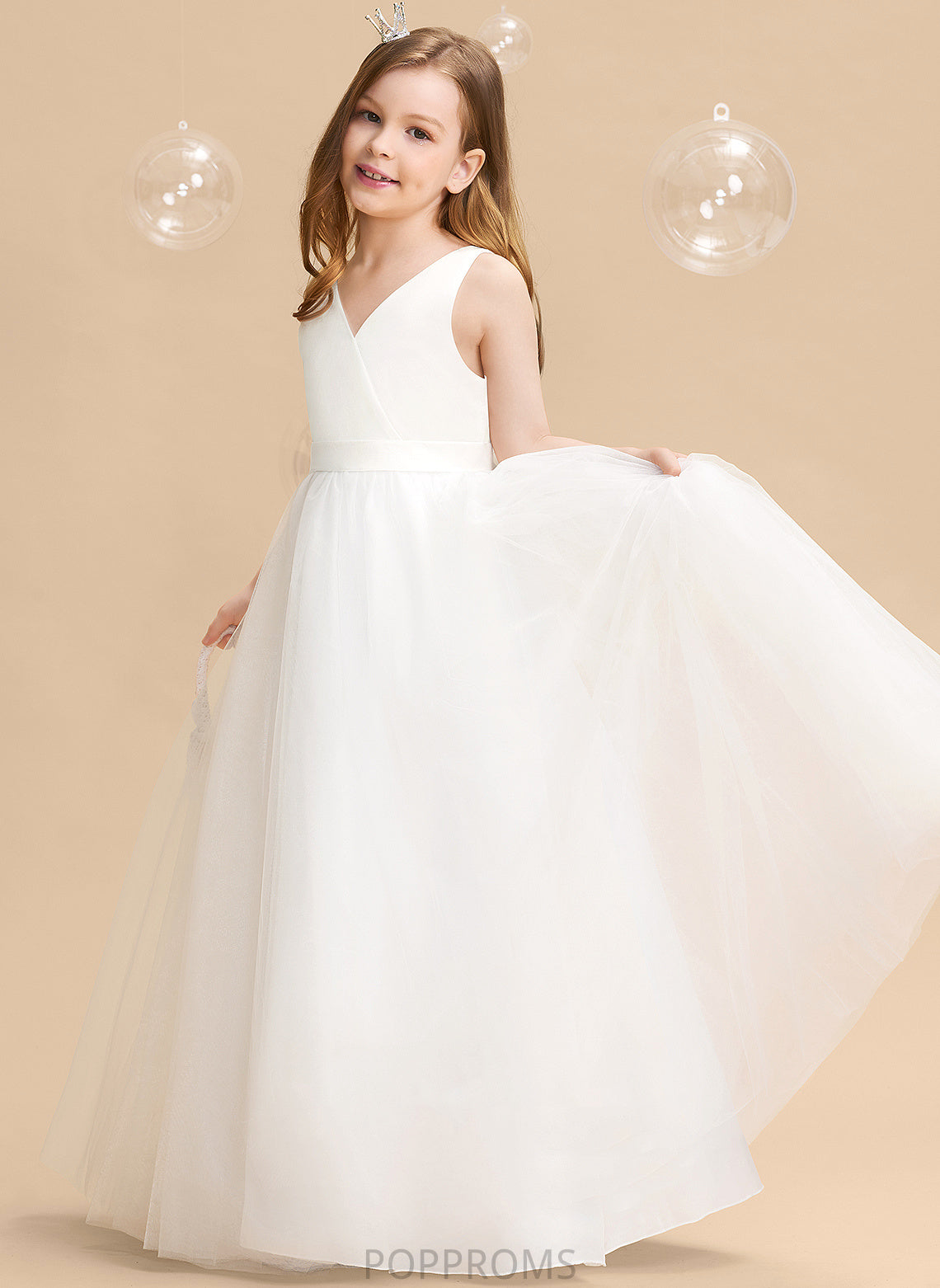 Girl Flower Girl Dresses V-neck Ball-Gown/Princess Myla Floor-length With Back Tulle Sleeveless Flower Bow(s)/V Dress -