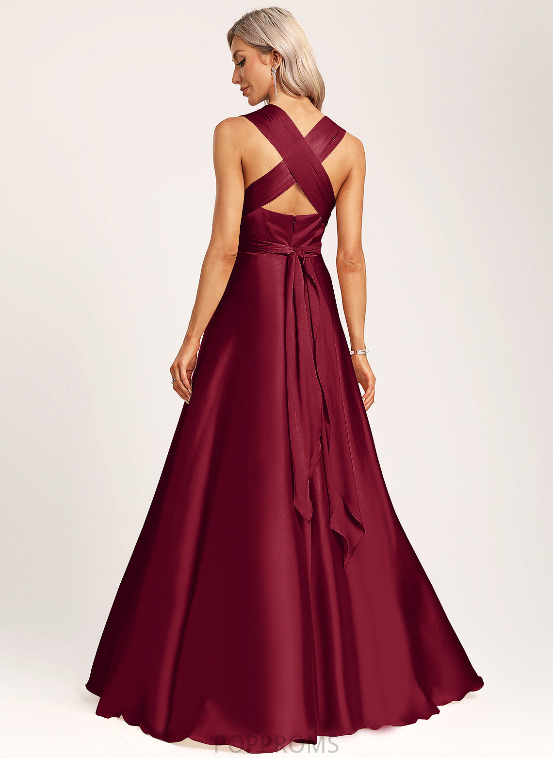 V-neck A-Line Satin One-Shoulder Length Silhouette Straps&Sleeves Halter Floor-Length Fabric Neckline Janelle Bridesmaid Dresses