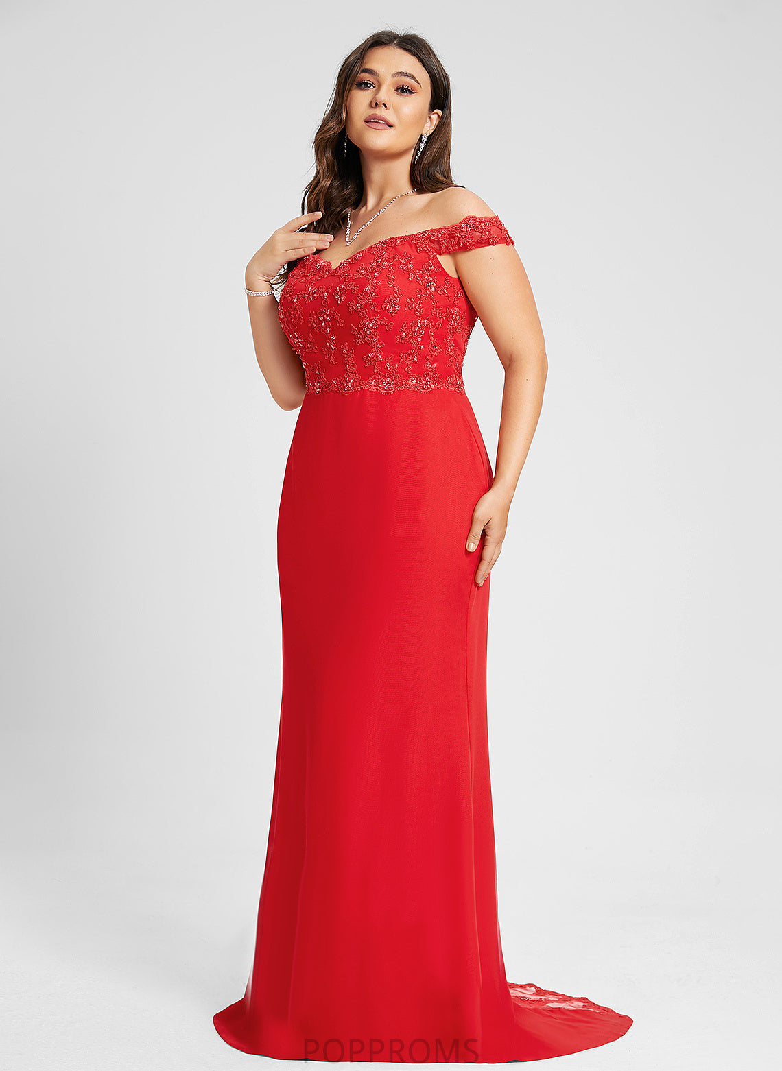 Hilary Chiffon Beading Tulle Sweep Lace Trumpet/Mermaid With Train Prom Dresses Off-the-Shoulder Sequins