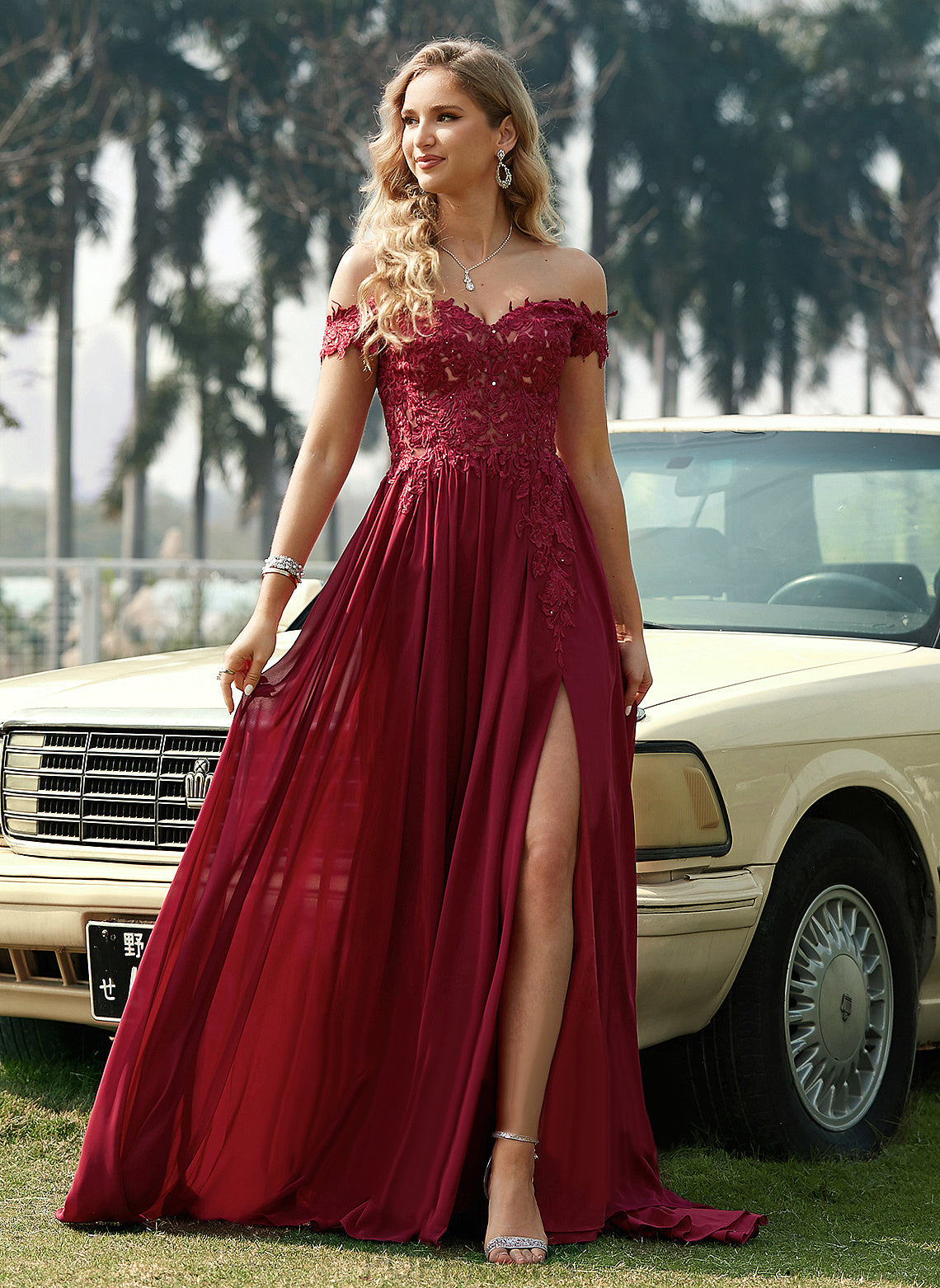 Chiffon Train A-Line Prom Dresses Lace Alicia Sequins With Off-the-Shoulder Sweep