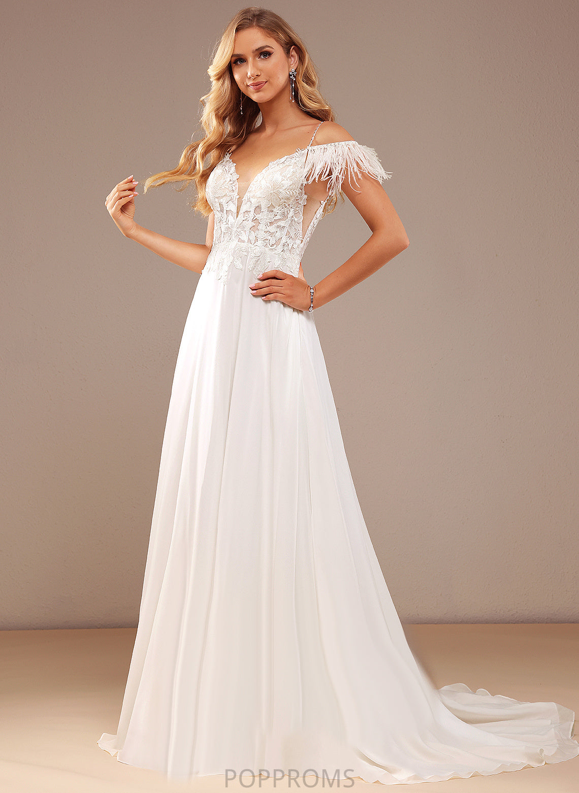 With Wedding Sequins Eliza V-neck Dress Feather Lace Court Chiffon A-Line Pockets Beading Train Wedding Dresses Lace