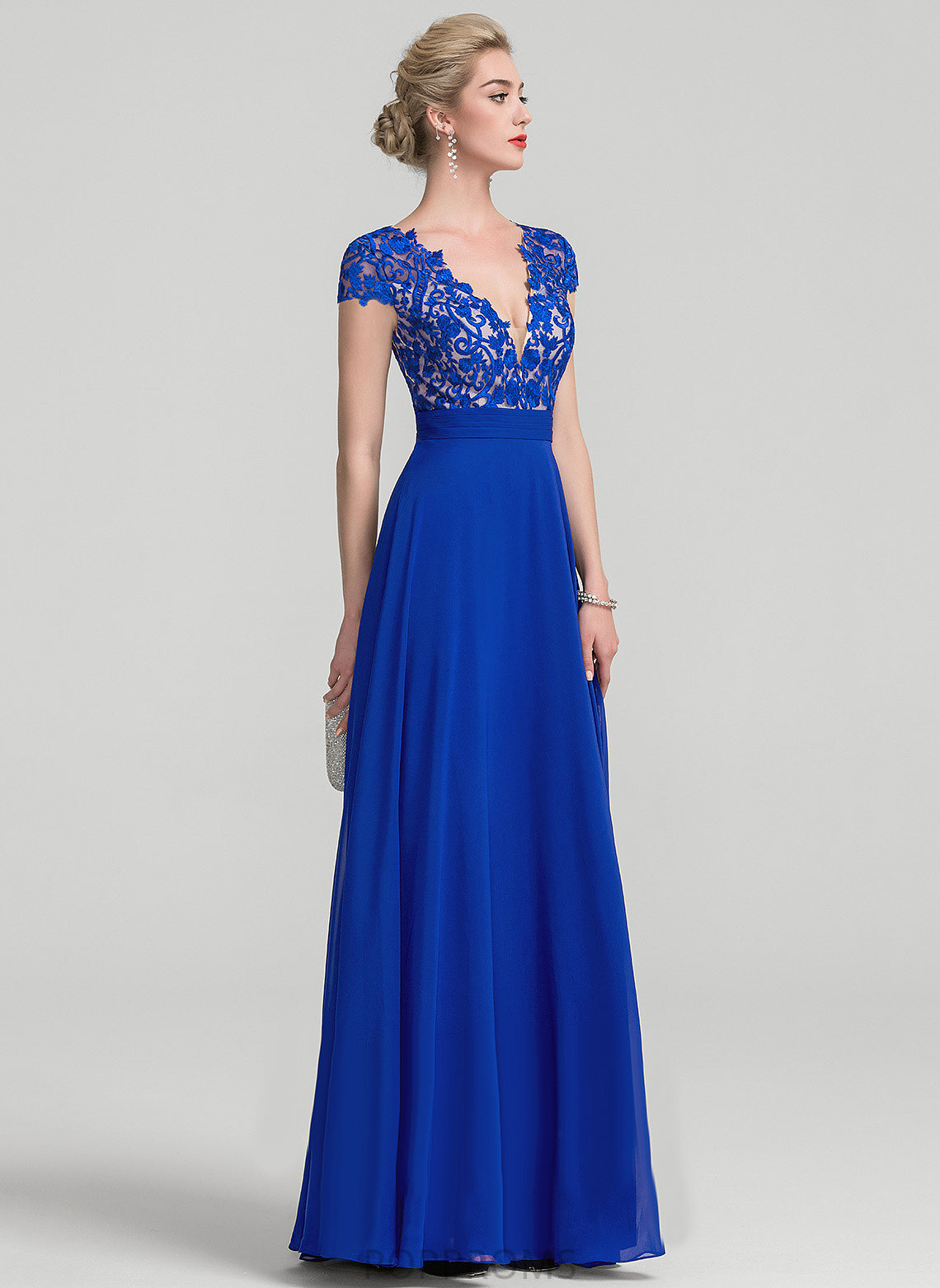 V-neck Lace Floor-Length With Chiffon Damaris Ruffle A-Line Prom Dresses