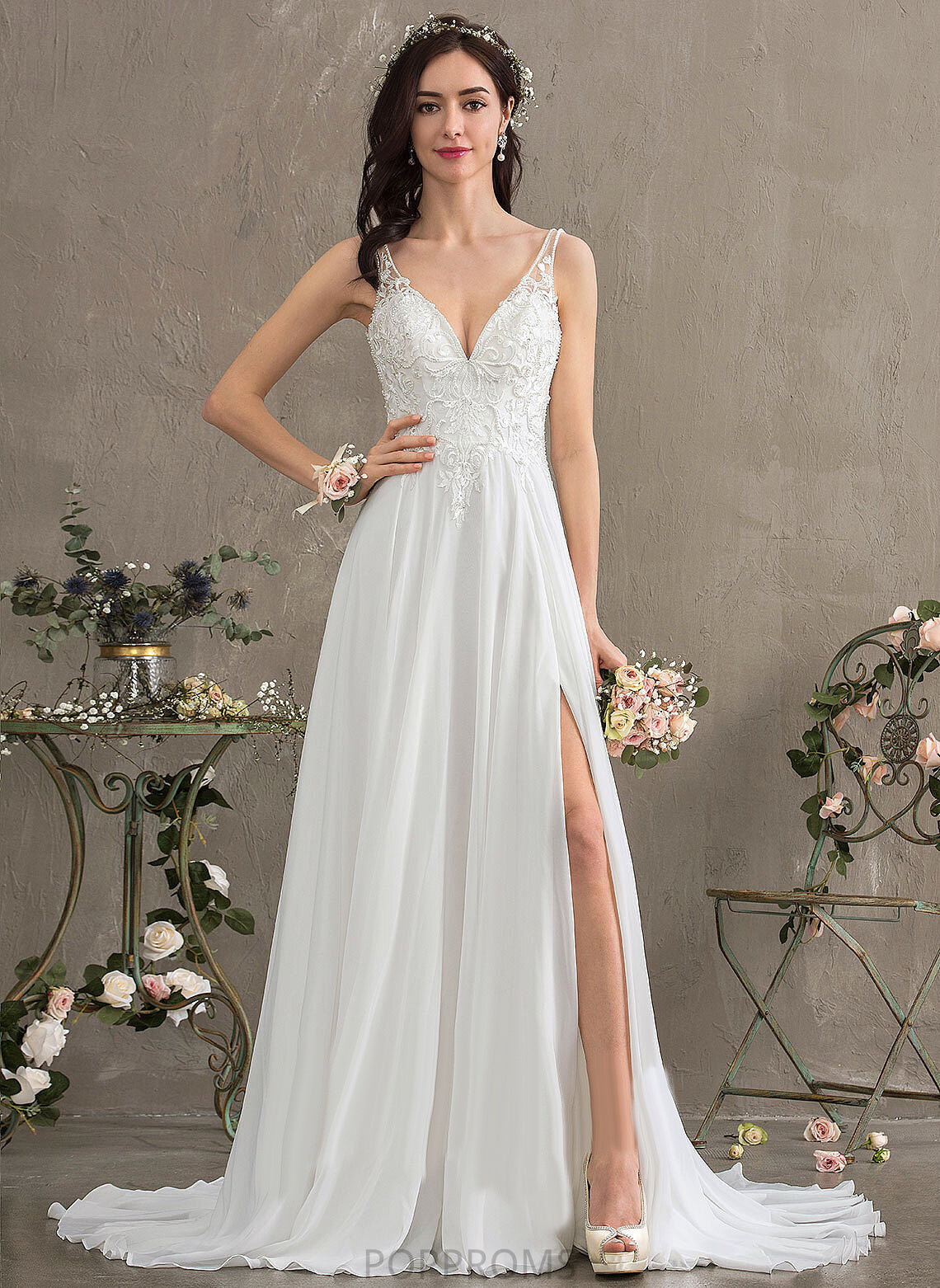 Wedding Chiffon Front A-Line Malia Split Dress Sequins Beading With Lace Sweep V-neck Train Wedding Dresses