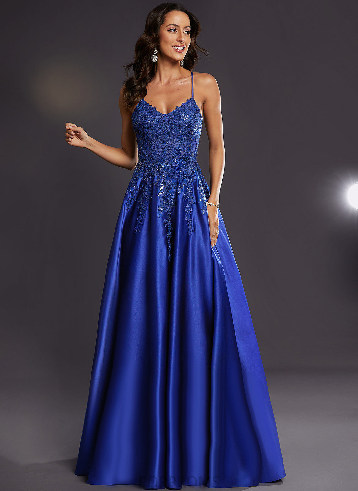 With Satin V-neck Suzanne Sequins Floor-Length A-Line Prom Dresses