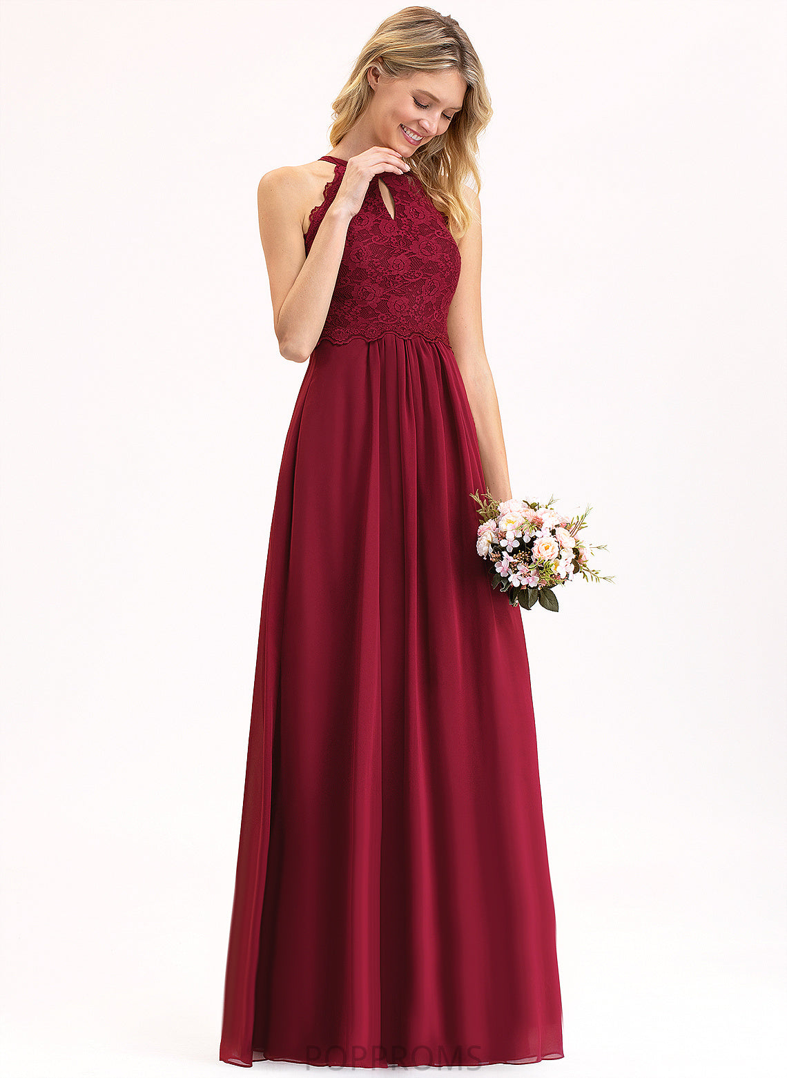 Kinley Lace Scoop Floor-Length Chiffon A-Line Prom Dresses