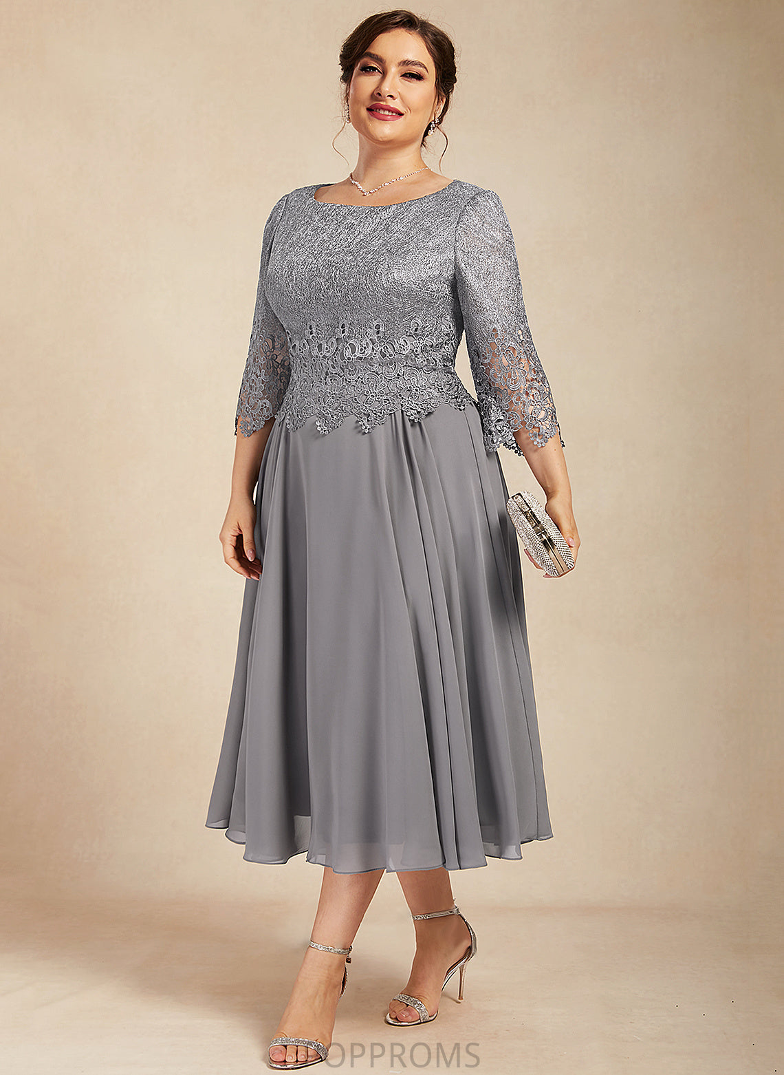 Lace Scoop A-Line the Bride Mother of the Bride Dresses Mother Tea-Length Dress of Lilly Chiffon Neck