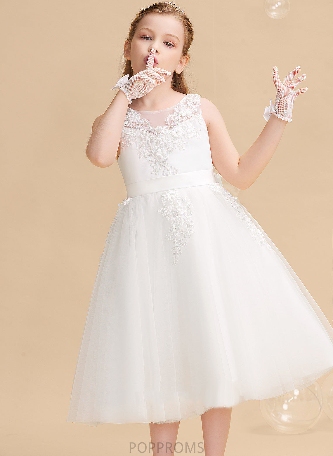 Talia - Sleeveless Flower Girl Dresses Flower With Tea-length Scoop Dress Neck A-Line Beading/Flower(s) Girl Tulle/Lace