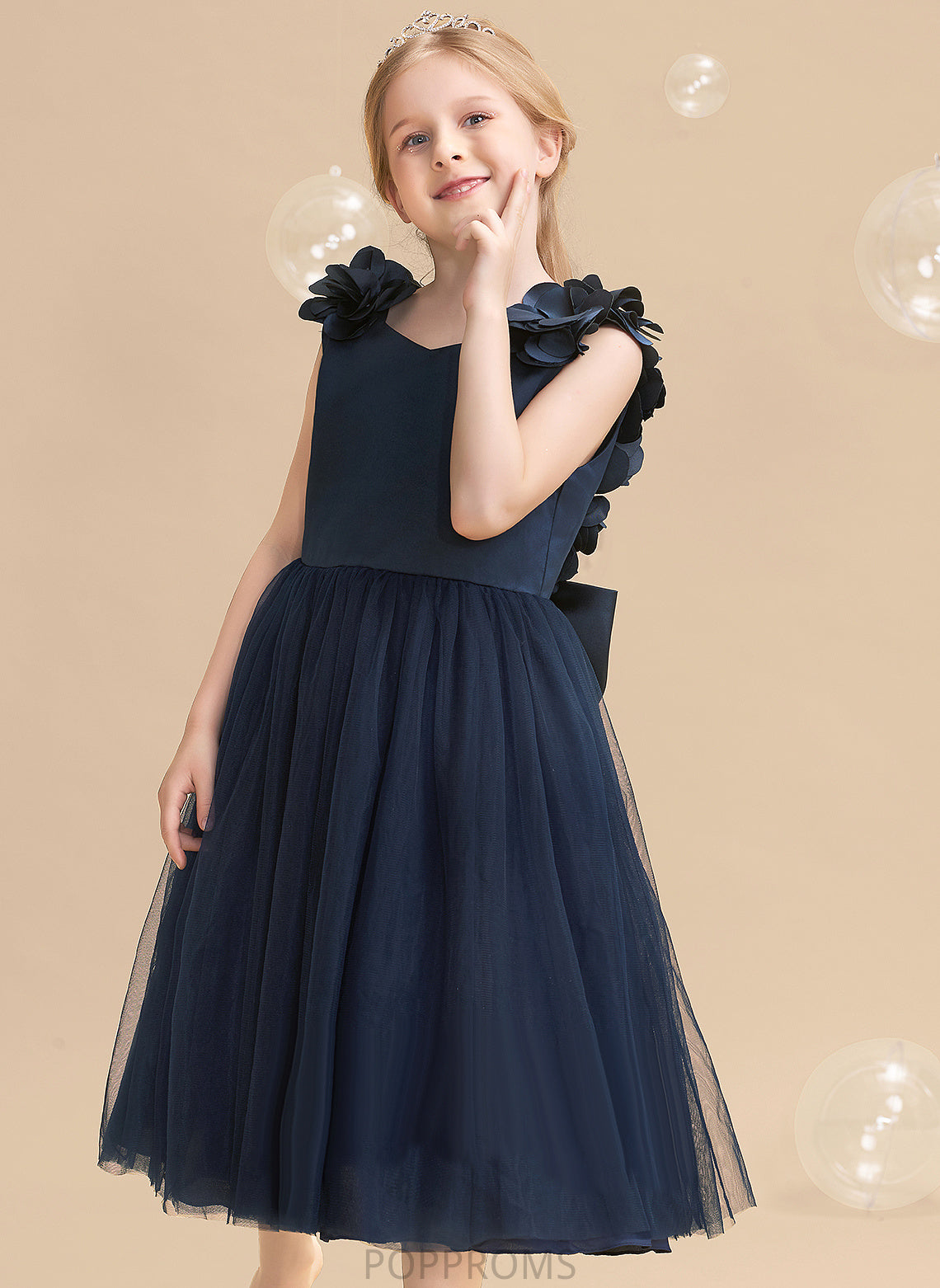 Dress Satin/Tulle Girl Flower - A-Line Flower Girl Dresses Tea-length Abril Flower(s)/Bow(s) Sleeveless With V-neck