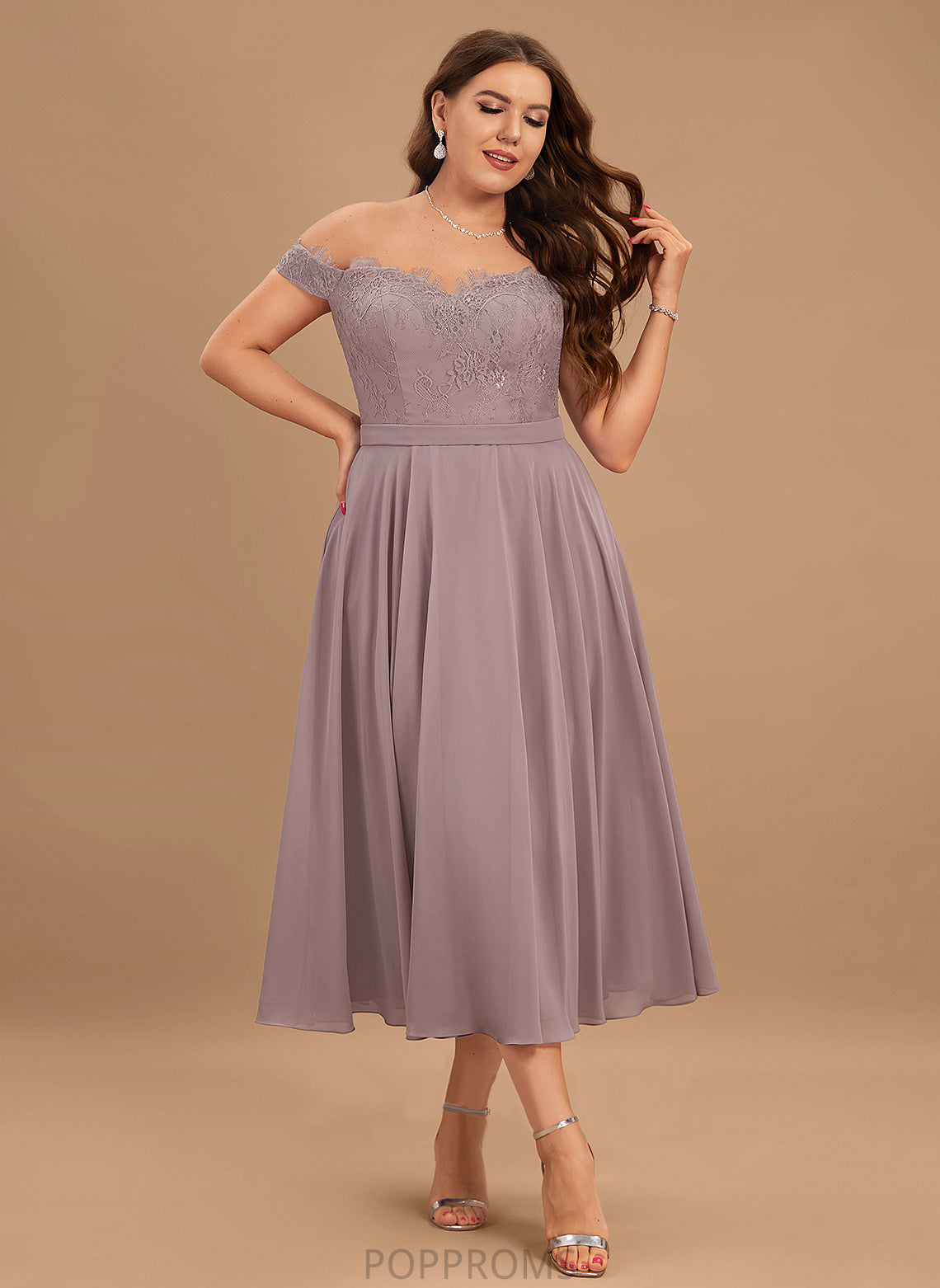 Length Silhouette Tea-Length Beading A-Line Embellishment Neckline Off-the-Shoulder Fabric Yasmin Spaghetti Staps Sleeveless Bridesmaid Dresses