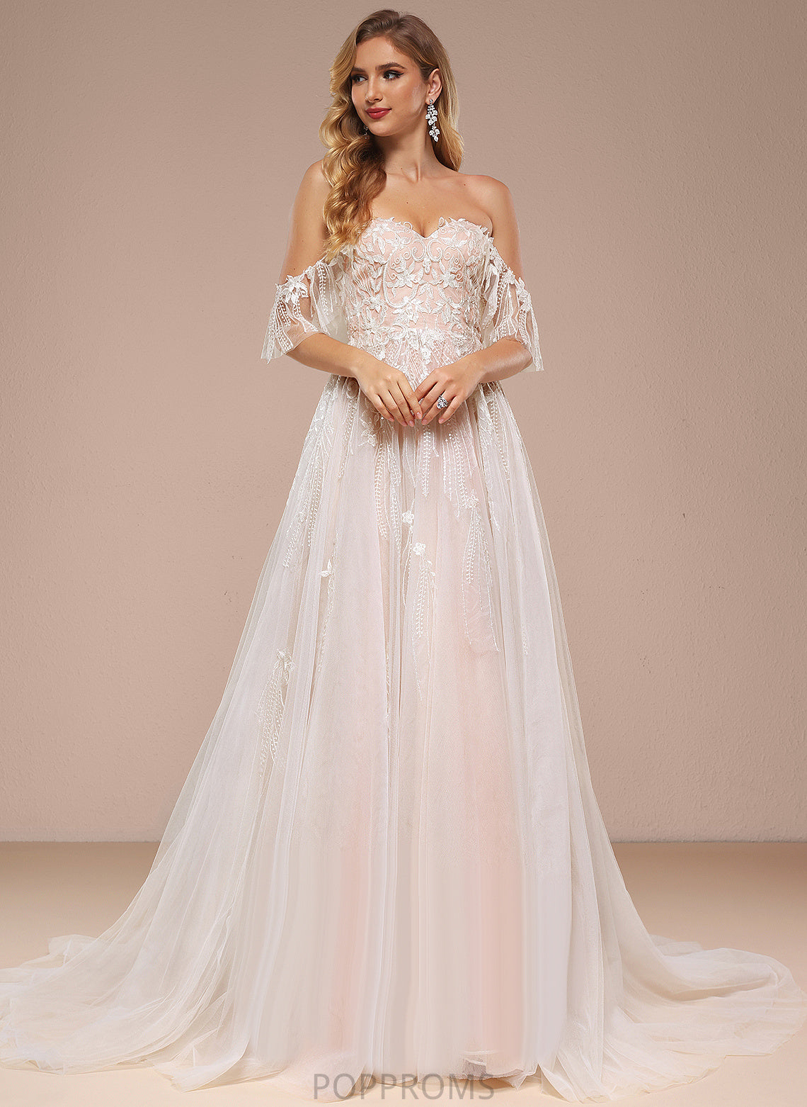 Tulle Wedding Train Sweetheart Court Wedding Dresses Lace Sequins With Ball-Gown/Princess Dress Off-the-Shoulder Michaela Ruffle