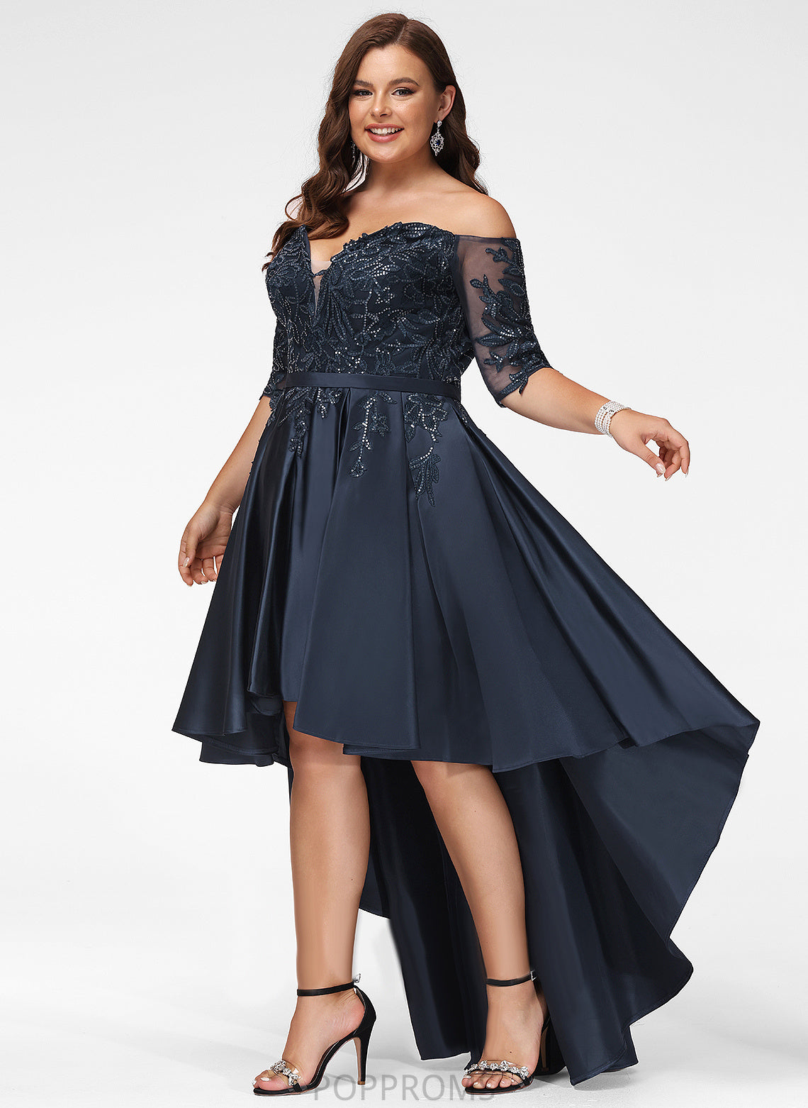 Asymmetrical Sequins Off-the-Shoulder Regina A-Line Lace With Satin Prom Dresses