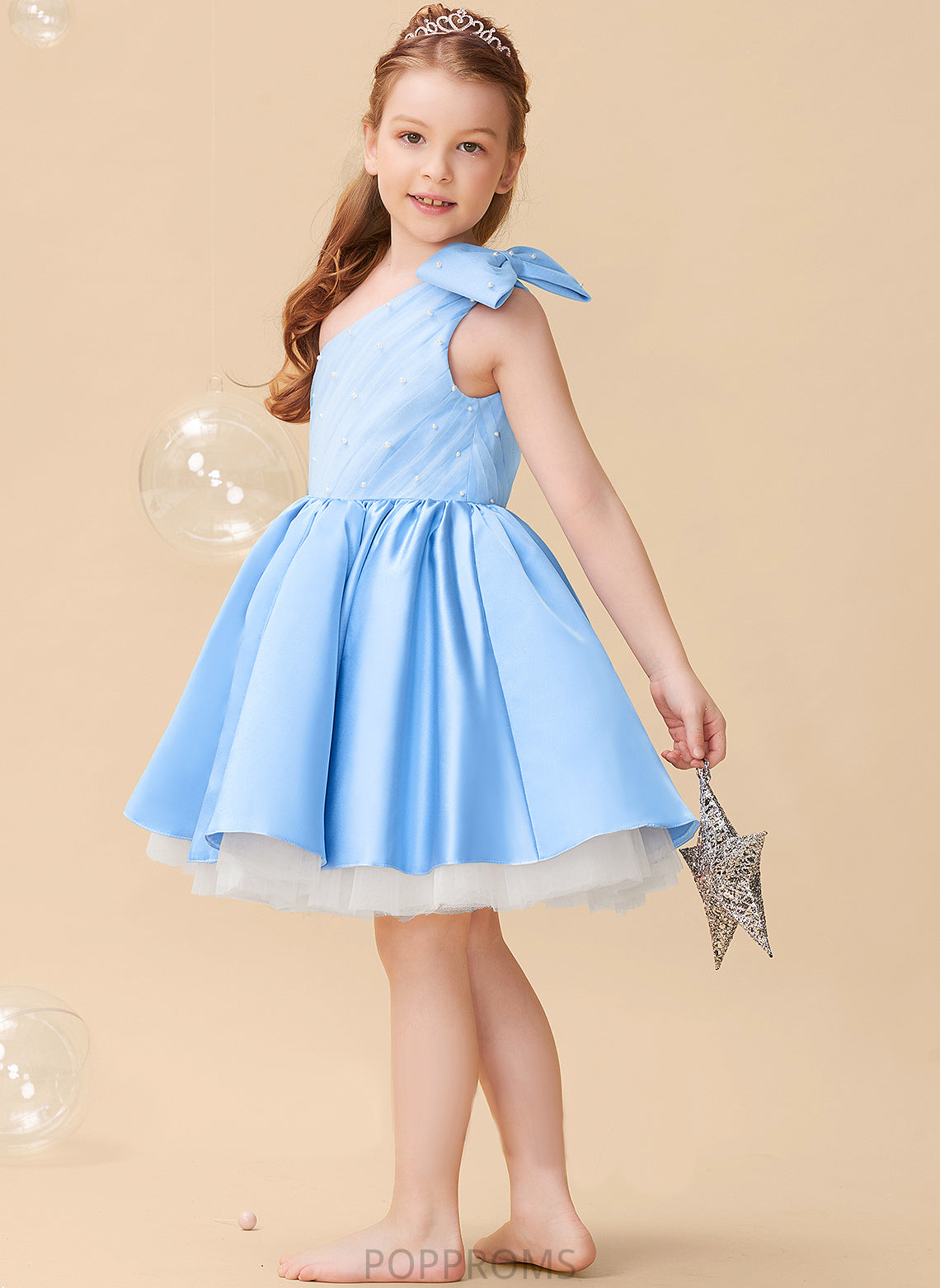 A-Line Flower Beading/Bow(s) With Dress Knee-length Flower Girl Dresses One-Shoulder Girl - Sherry Sleeveless Satin/Tulle