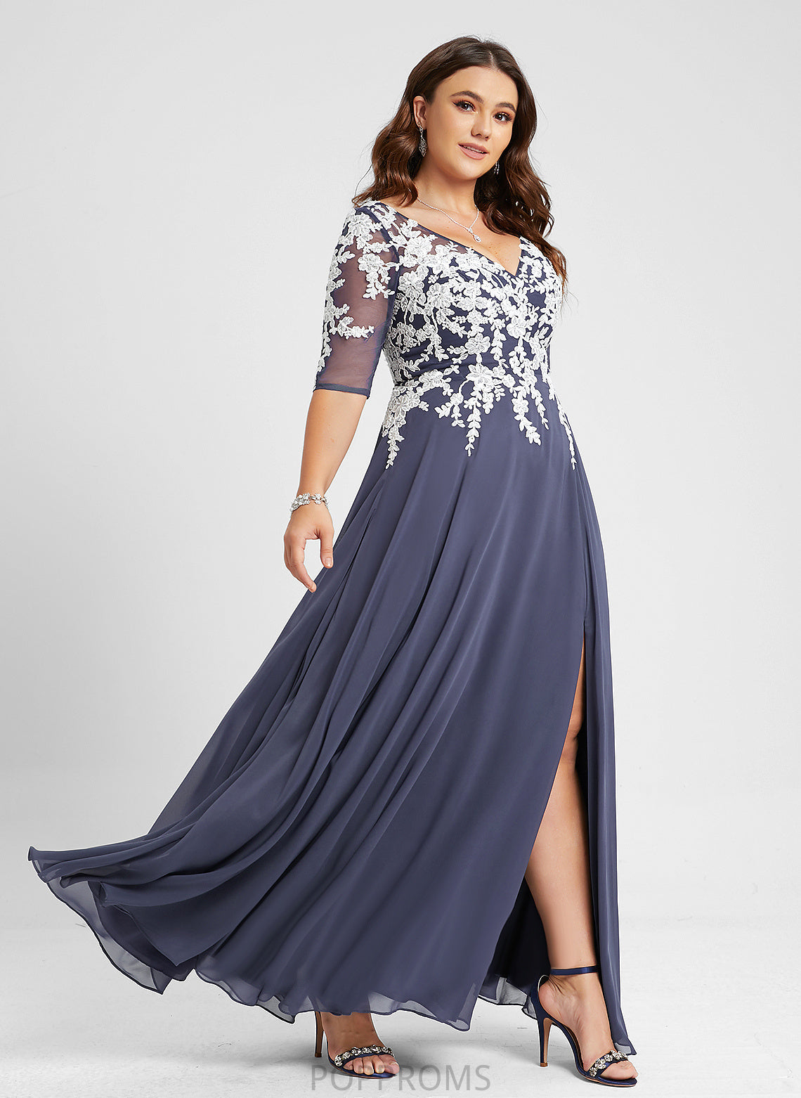 Chiffon Prom Dresses With Lace Floor-Length Sequins A-Line V-neck LuLu