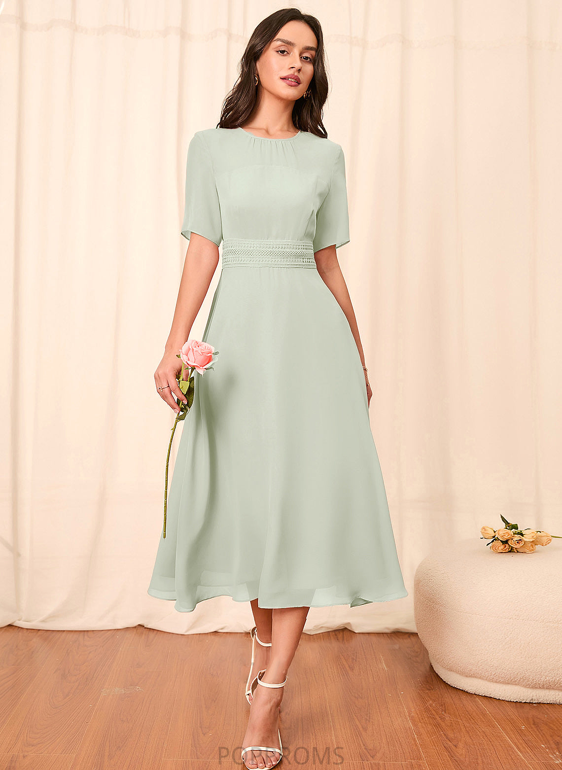 Fabric Straps Knee-Length Length Sleeve Silhouette Sleeves A-Line Mira Natural Waist V-Neck Sleeveless Bridesmaid Dresses