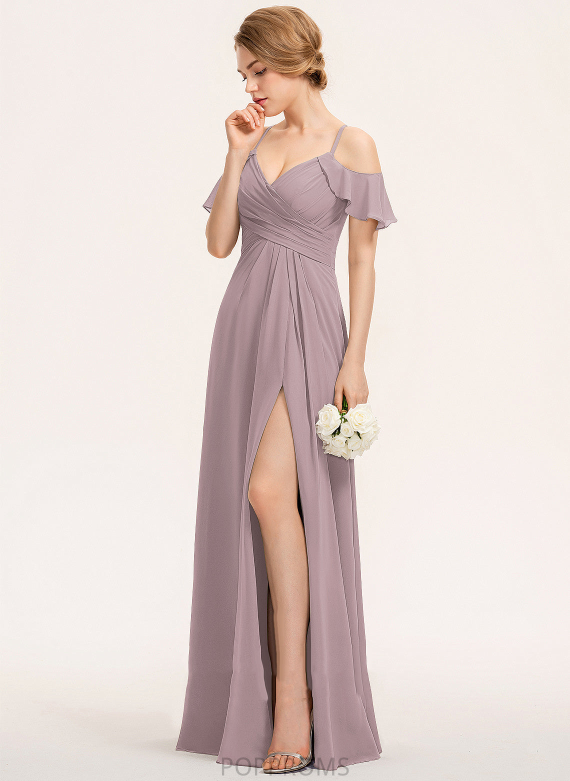 Ruffle V-neck Floor-Length CascadingRuffles A-Line ColdShoulder Neckline SplitFront Fabric Silhouette Embellishment Length Bridesmaid Dresses