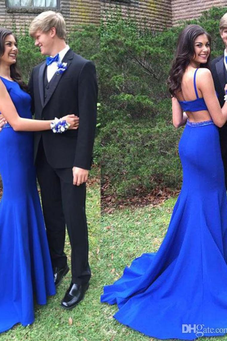 Simple Spaghetti Straps Long Open Back Royal Blue Prom Dresses For Teens