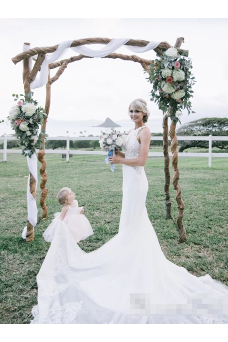 Sexy Appliqued Beach Wedding Dress With Racerback Illusion Neckline Wedding Gown