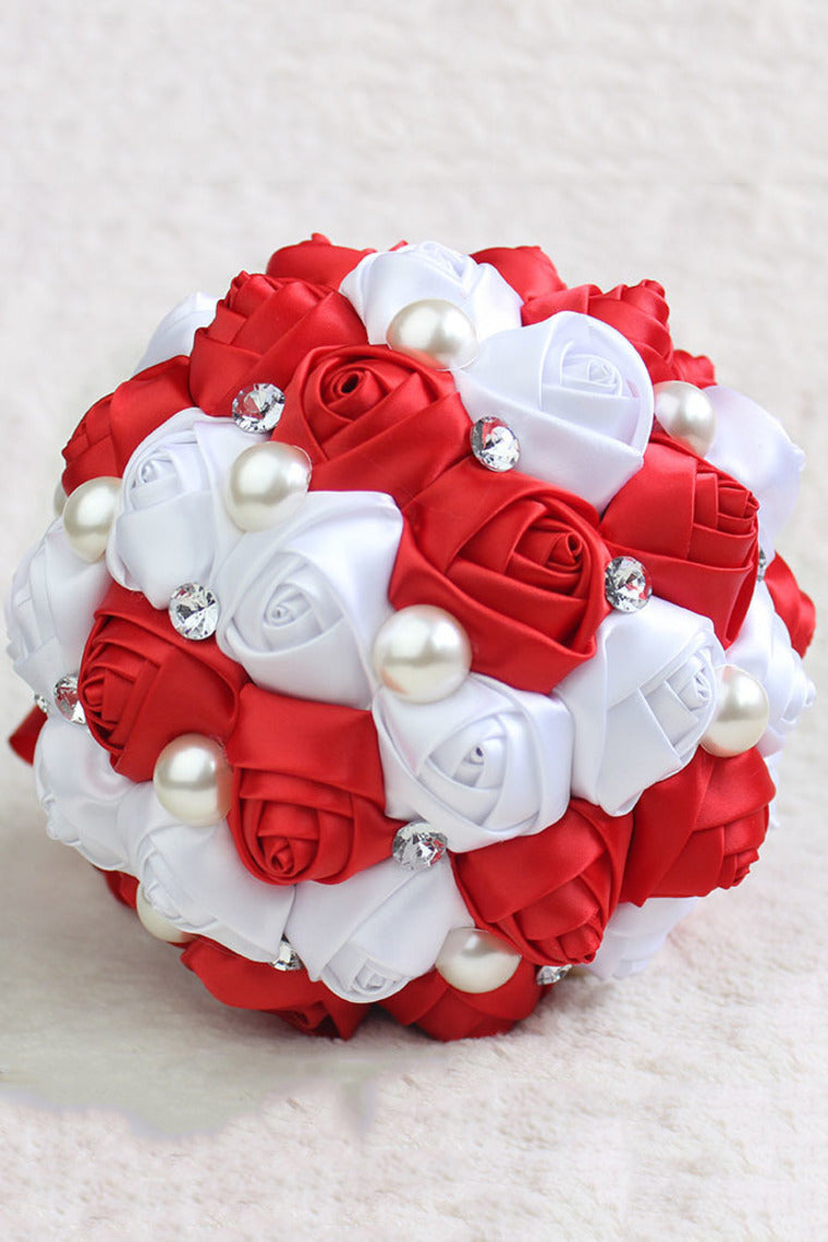 Satin Rose Flower Wedding Bouquet Round Shape With Rhinestone (28.5*15cm)