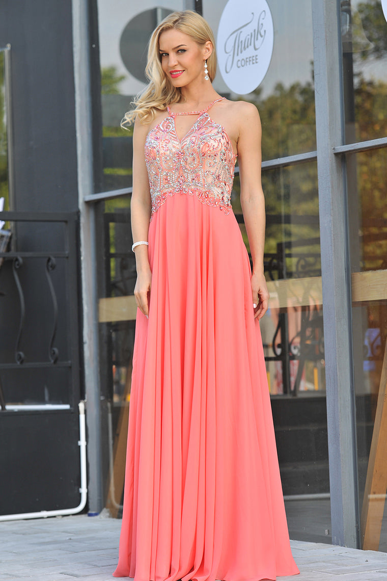 2024 A Line Spaghetti Straps With Beading Prom Dresses Chiffon Open Back