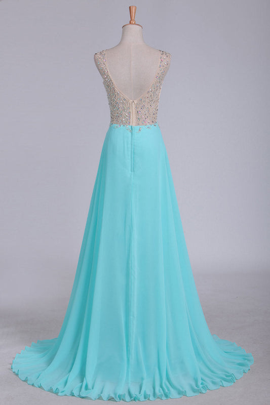 2024 V Neck Beaded Bodice A Line Prom Dresses Chiffon & Tulle Sweep Train