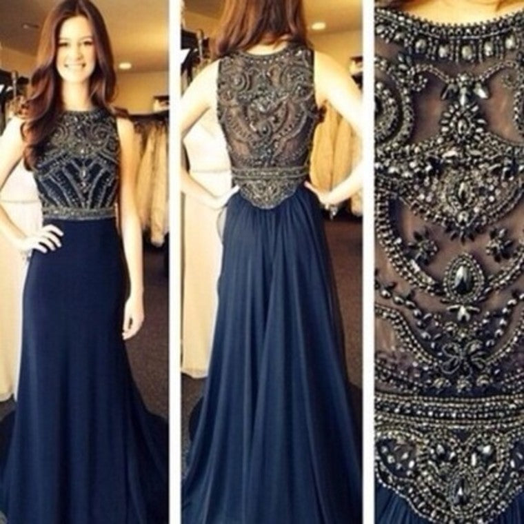 Stunning Prom Dresses Champagne Beaded Bodice And Back A-Line Scoop Sweep/Brush Chiffon