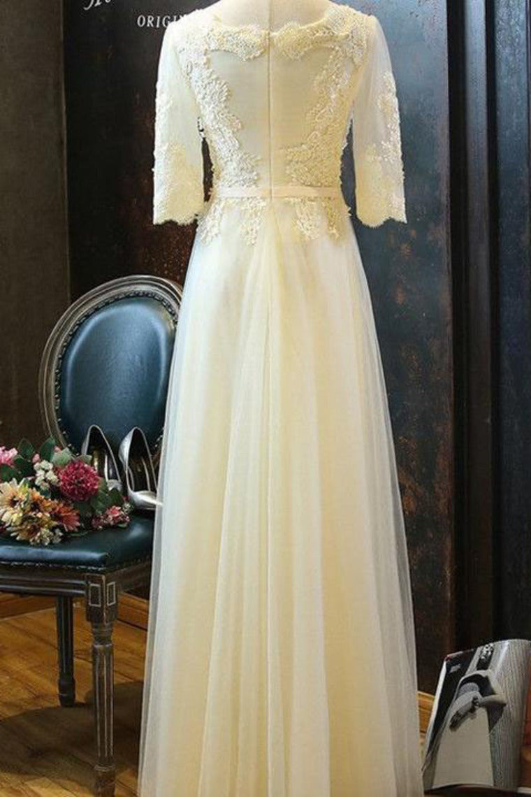 2024 A Line Scoop Tulle Prom Dresses Mid-Length Sleeves With Applique