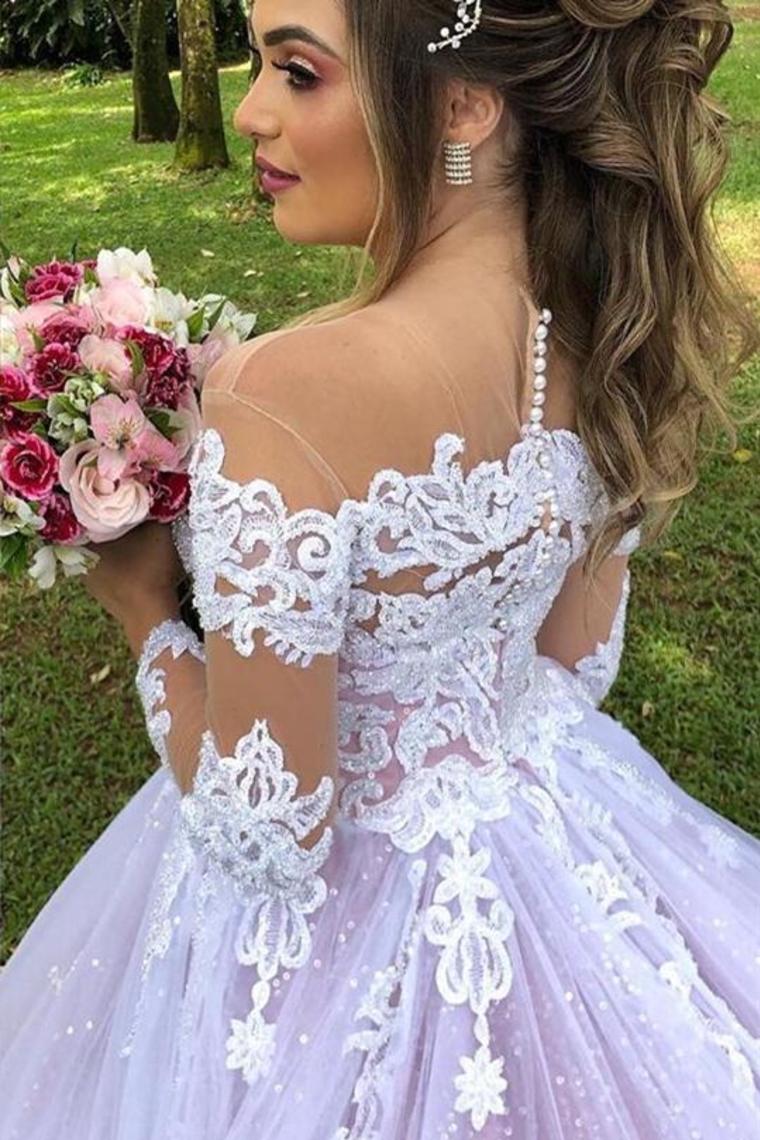 Princess Long Sleeves Illusion Neck A-Line Wedding Dress With Appliques