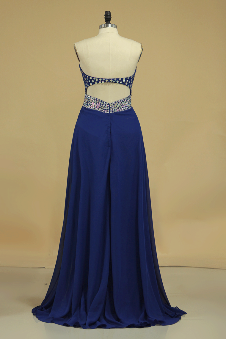 2024 Sleeveless A Line Floor Length Prom Dresses With Shiny Rhinestone Chiffon