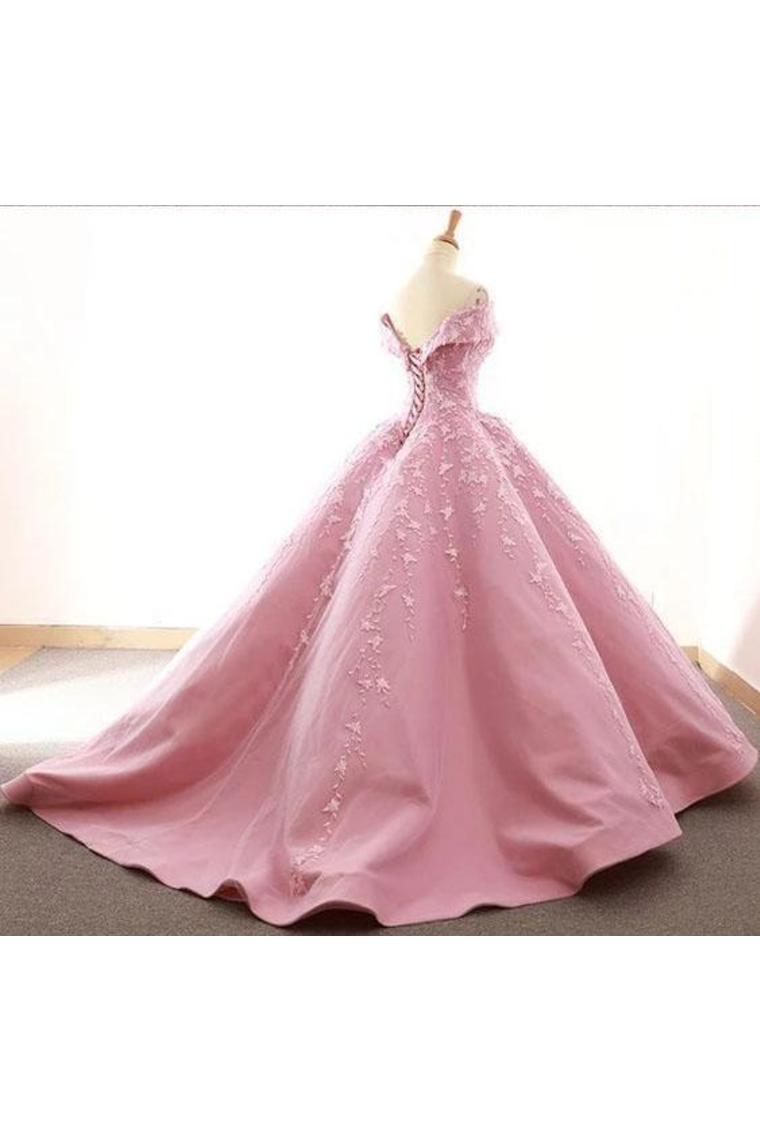 Ball Gown Off The Shoulder Satin Prom Dress With Appliques, Long Quinceanera Dress