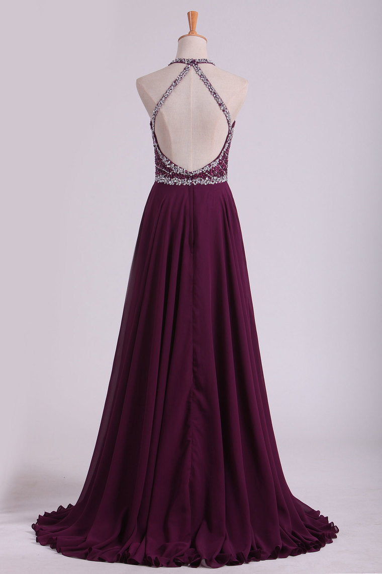 2024 Grape A Line Prom Dresses Halter Beaded Bodice Open Back Sweep Train Chiffon & Tulle