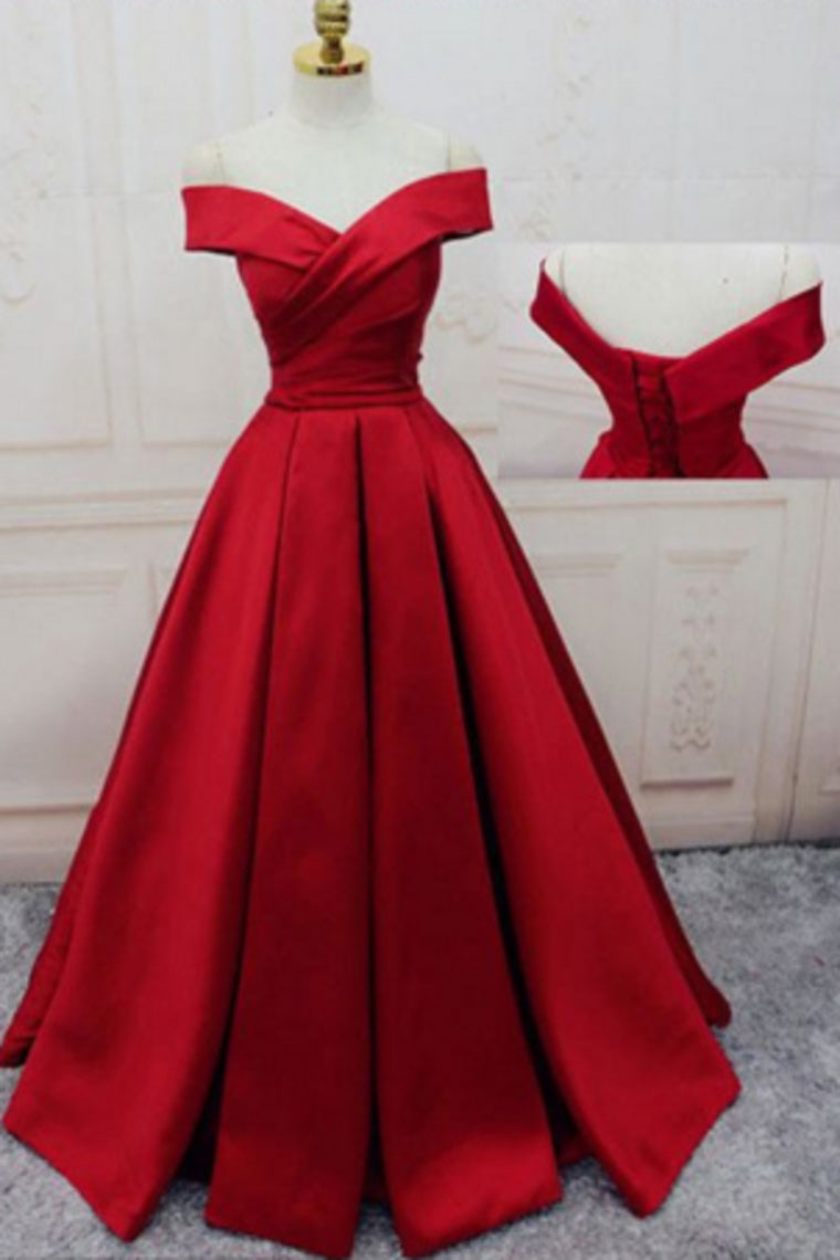 2024 Off The Shoulder Prom Dresses Satin Red Sweep Train Lace Up Back