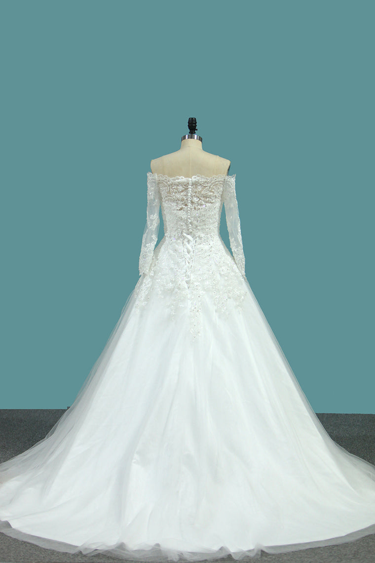 2024 Sweetheart Wedding Dresses A Line Tulle With Applique Sweep Train