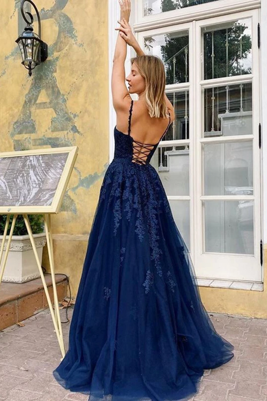 Elegant V Neck Appliques Long Prom Dresses Spaghetti Straps Evening Dresses