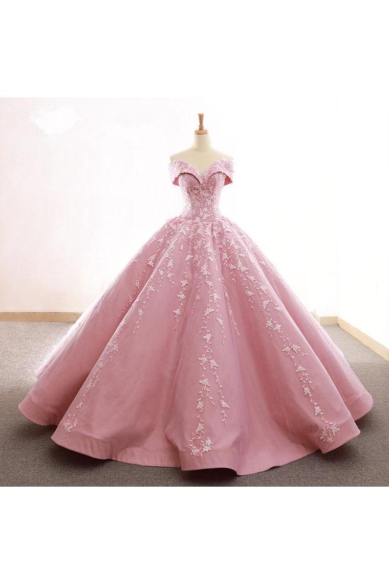 Ball Gown Off The Shoulder Satin Prom Dress With Appliques, Long Quinceanera Dress