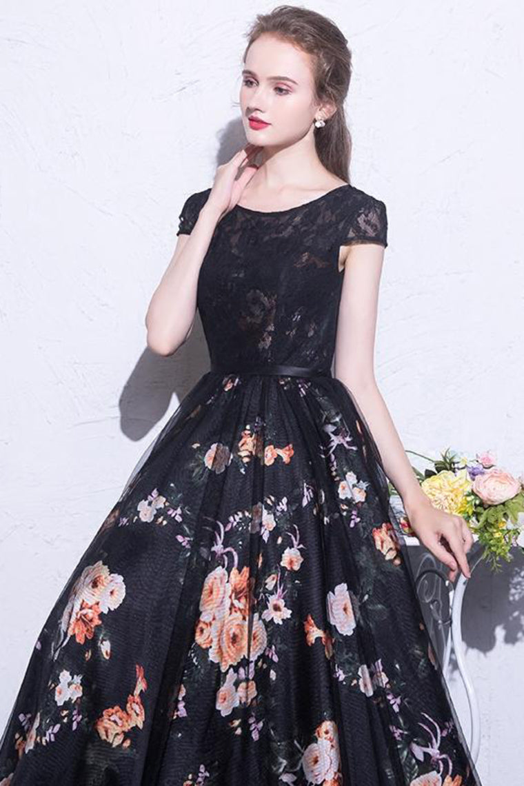 2024 Black Prom Dresses Scoop A-Line Floral Print Sexy Long Lace Prom Dress