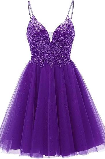 A-line Straps Appliques Tulle Short Homecoming Dress