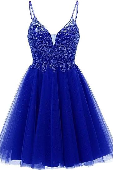 A-line Straps Appliques Tulle Short Homecoming Dress