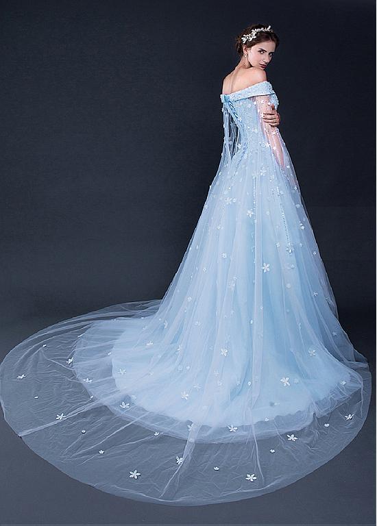 Gorgeous Tulle Off the Shoulder Blue With Lace Appliuqes Prom Dresses