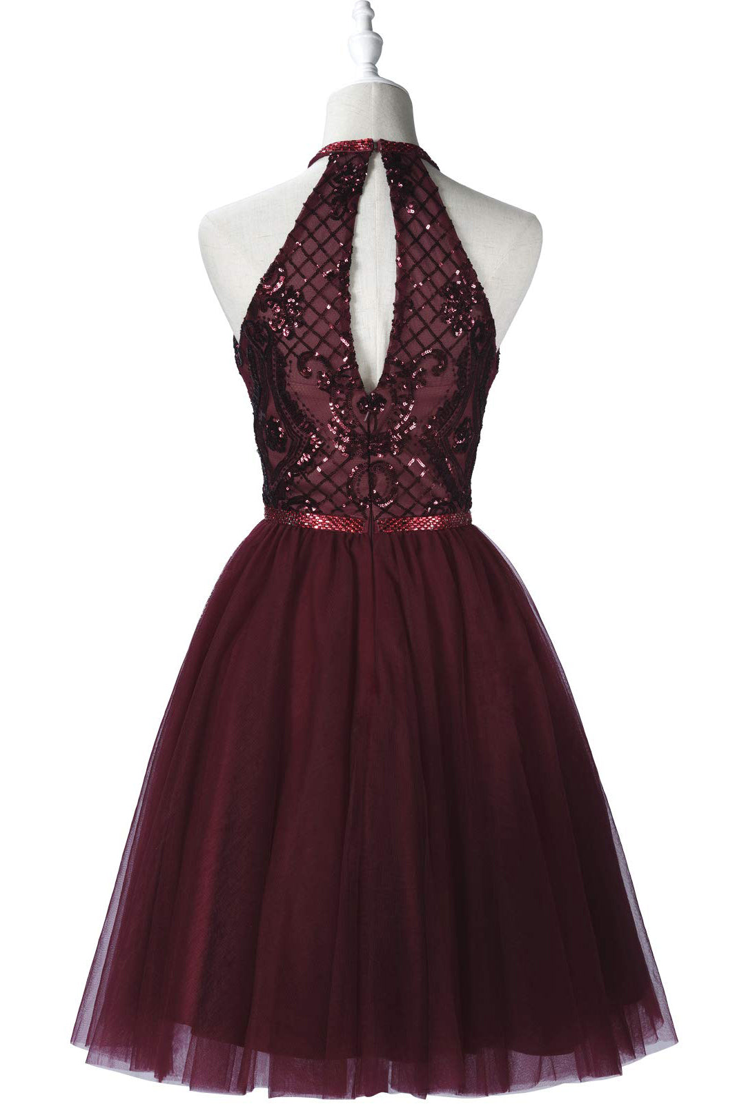 Burgundy Halter Sleeveless A Line Lace Tulle Short Homecoming Dresses