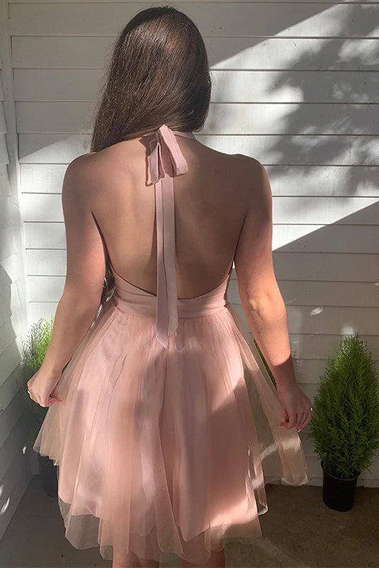 Pink Deep V Neck Backless Tulle Short Homecoming Dresses