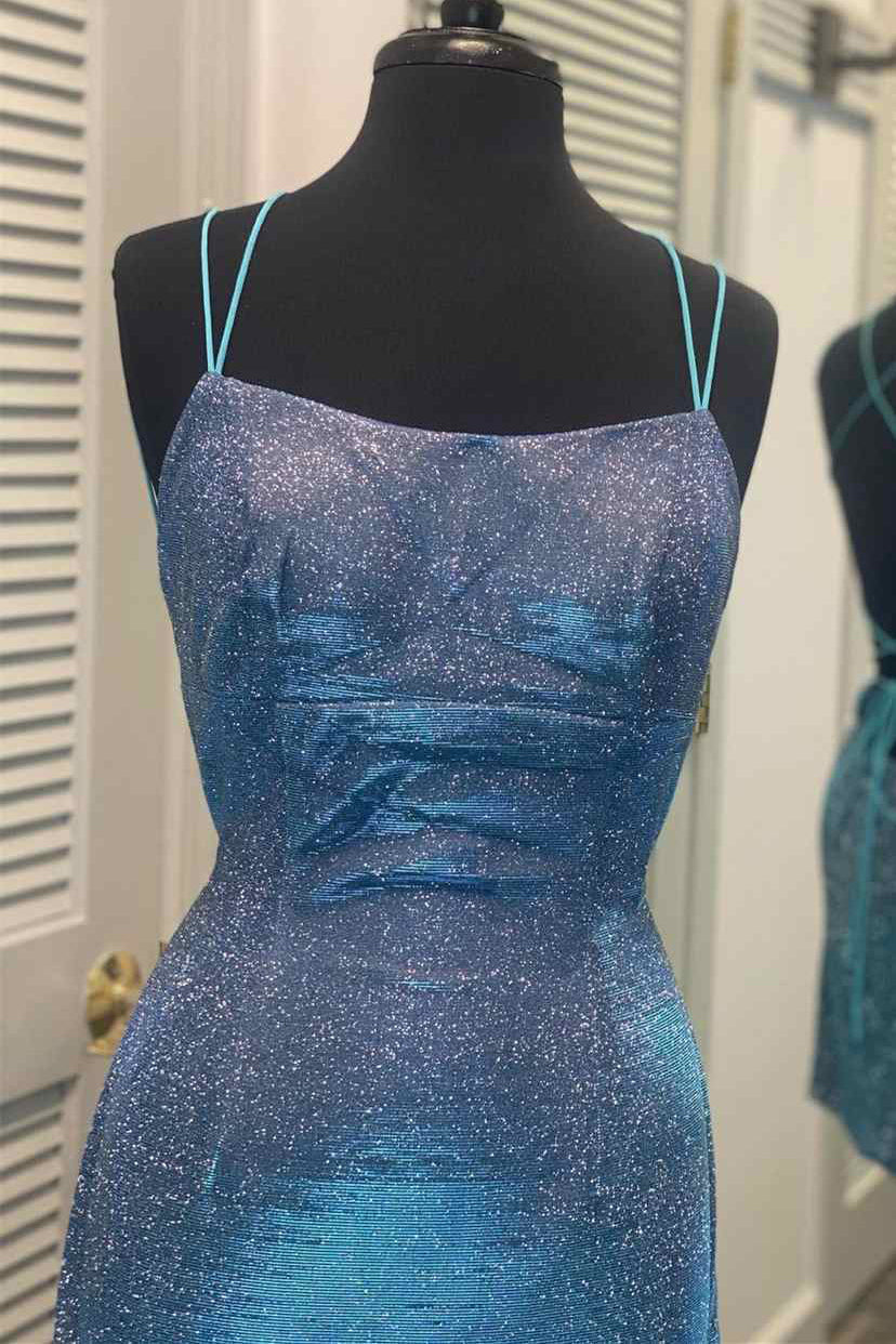 Pretty Spaghetti Straps Backless Blue Lace Up Short Homecoming Dresses