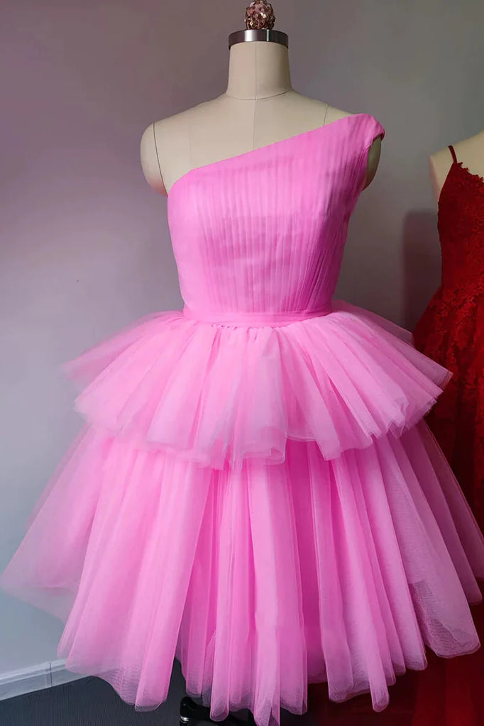 Pink One Shoulder Tulle Ball Gown Short Homecoming Dresses