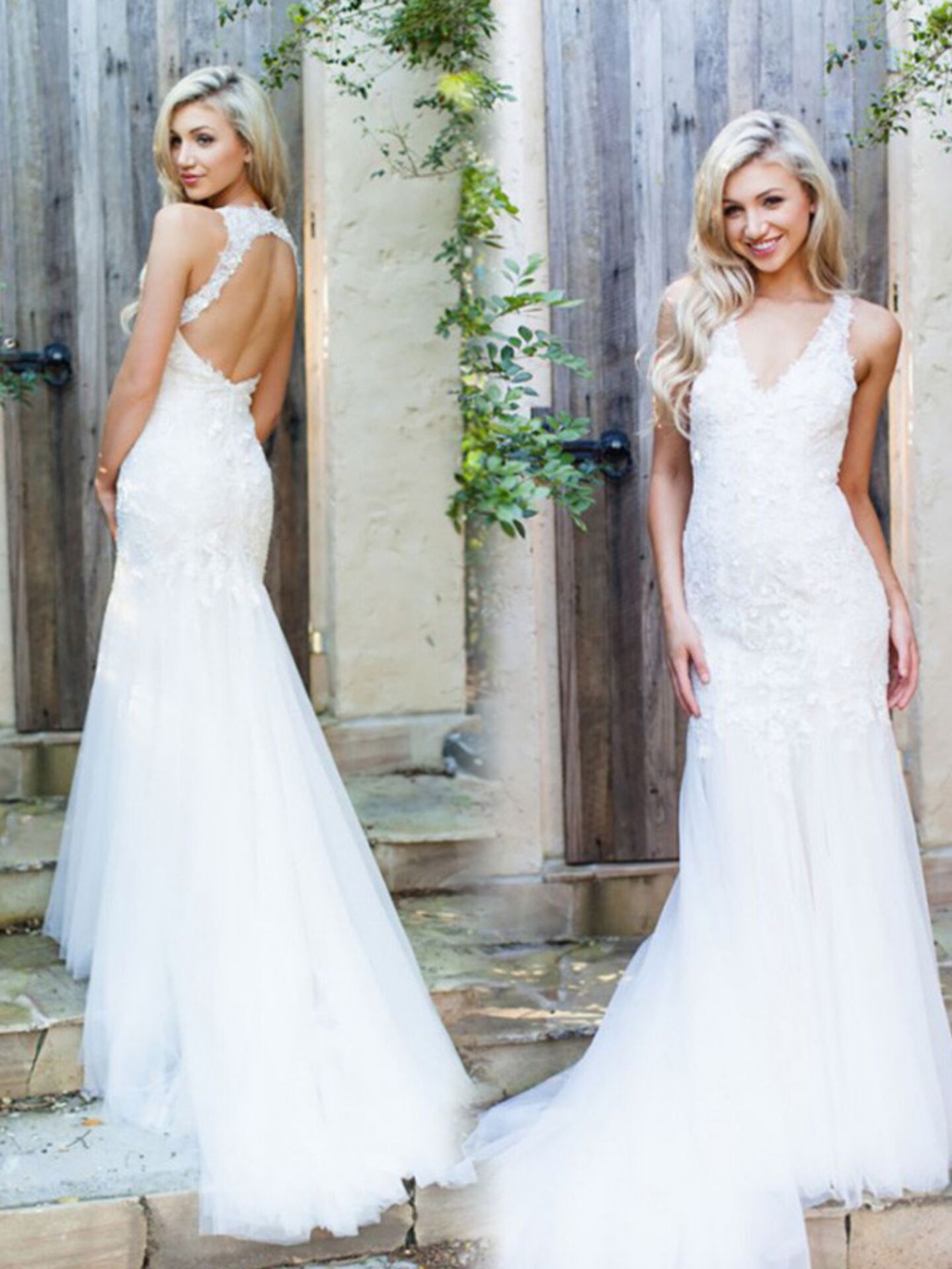 V Neck Sleeveles Keyhole Back Lace Appliques Mermaid Sweep Train Wedding Dresses