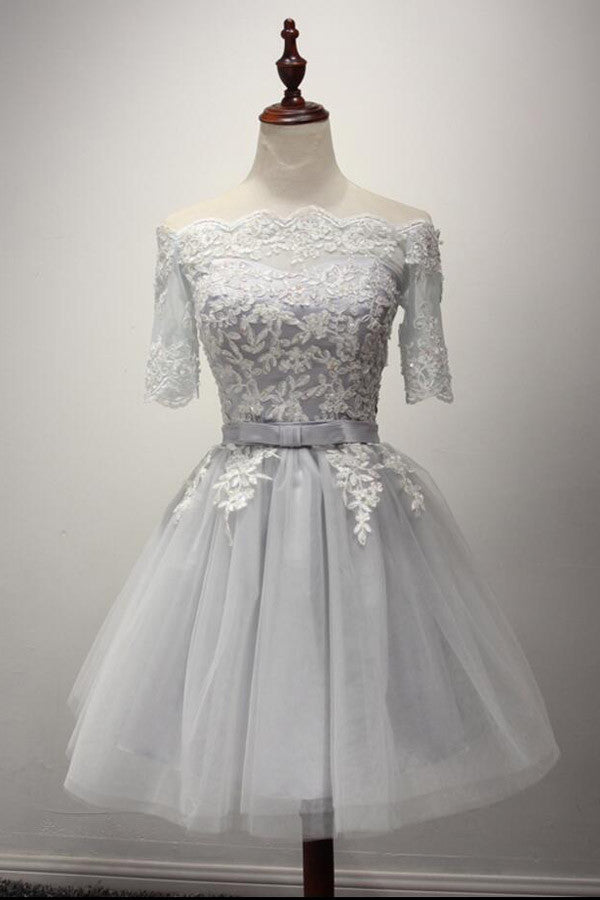 Light Gray Off Shoulder Appliques Lace Short Homecoming Dresses