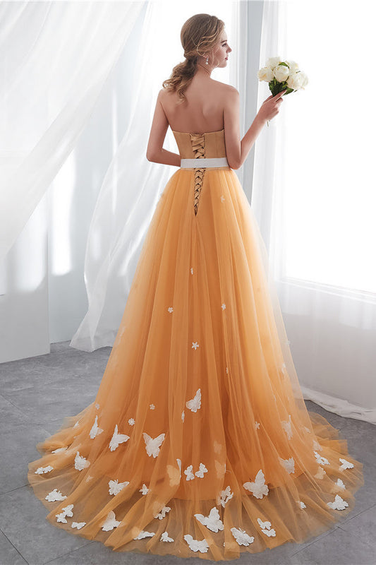 Strapless Tulle Lace Up Tulle Sweep Train Prom Dresses with Appliques