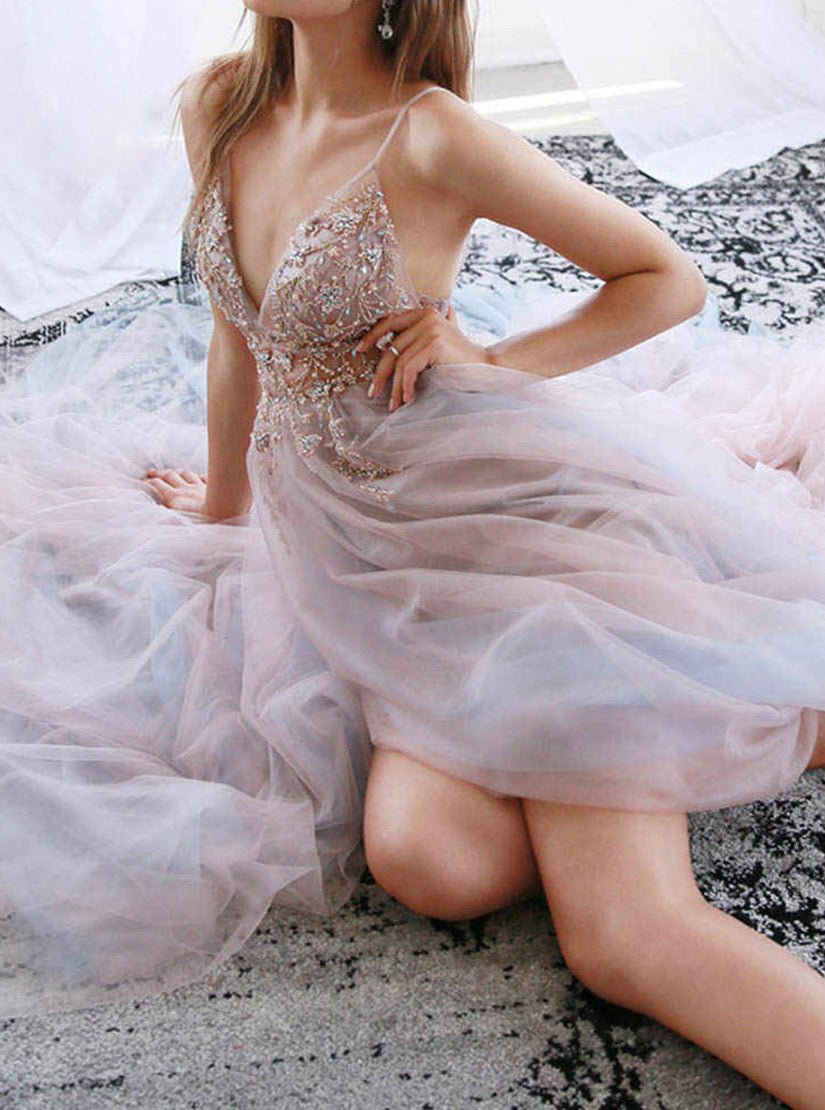 Chic A Line Beaded Long Prom Dresses Sleeveless Evening Dresses