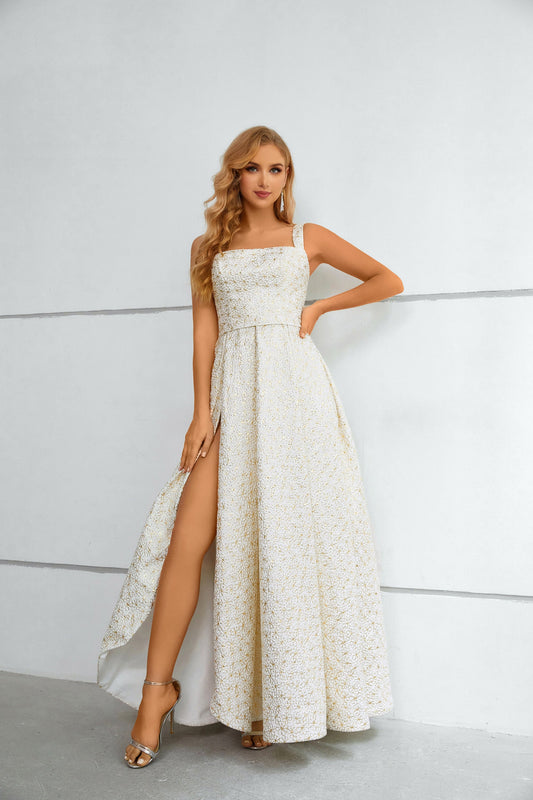 Chic Sleeveless Lace A Line Floor Length Split Prom Dresses