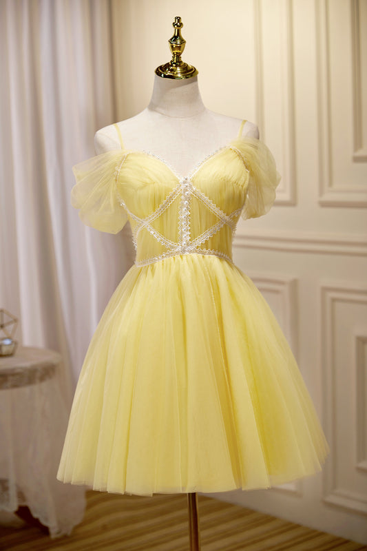 Cute Yellow Spaghetti Straps Off The Shoulder Tulle Short Homecoming Dresses