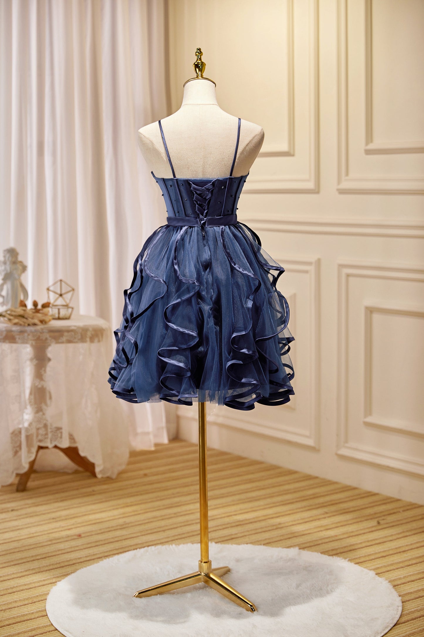 Navy Blue Spaghetti Straps Beading Tulle Short Homecoming Dresses